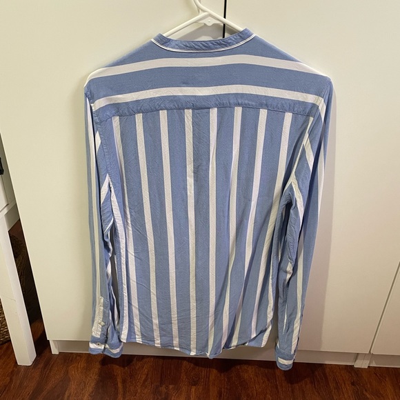HP Bershka Men’s Striped Shirt W Granddad Collar in Sky Blue Sz S Linen Cotton - Picture 7 of 8